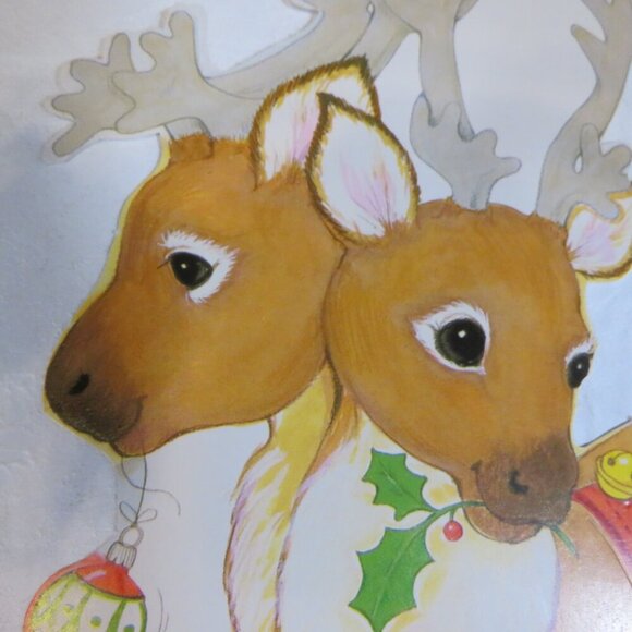 Santa & Reindeer with vintage yarn stapled to sleigh 1980s with sweet eyes - Picture 8 of 11